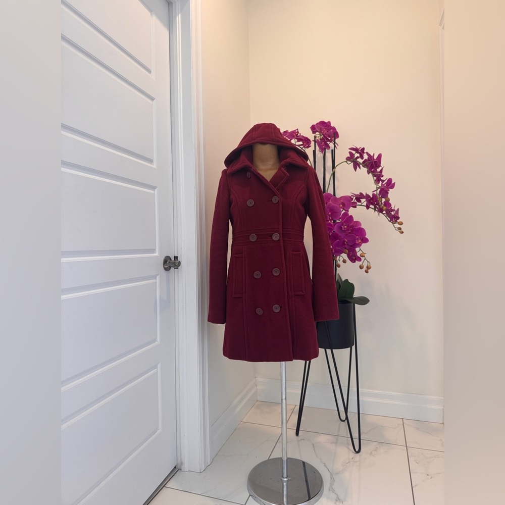 Smart Set Double-Breasted Pea Coat - Burgundy with removable hoody